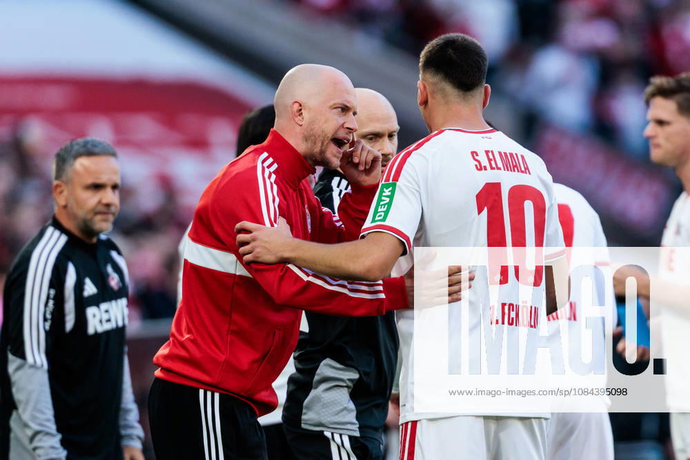 Rene Wagner (Head Coach 1. FC Koeln) and Said El Mala (1. FC Koeln, 10) talking after El Mala scored the 2:1 goal during the Bundesliga match between 1. FC Koeln vs. Borussia Moenchengladbach at Rheinenergie-Stadion on matchday 5 of the 1. Bundesliga on October 11, 2026 in Koeln, Germany. DFL REGULATIONS PROHIBIT ANY USE OF PHOTOGRAPHS AS IMAGE SEQUENCES AND OR QUASI-VIDEO. North Rhine Westphalia Germany