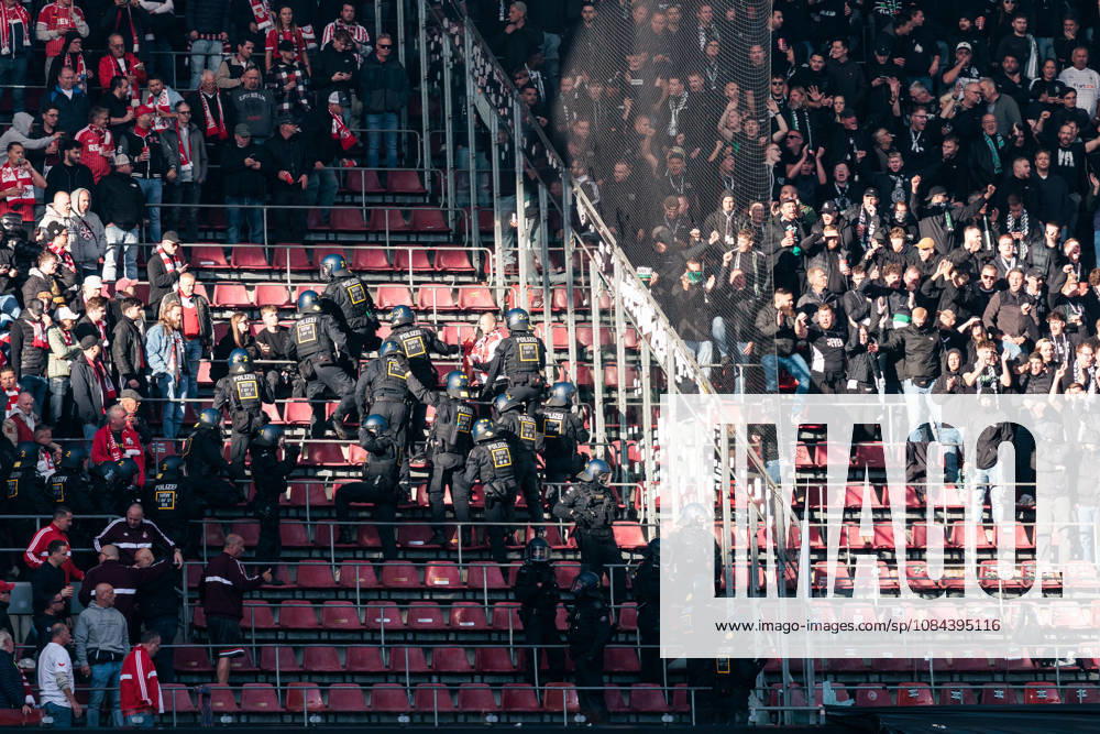 Police securing the stands during the Bundesliga match between 1. FC Koeln vs. Borussia Moenchengladbach at Rheinenergie-Stadion on matchday 5 of the 1. Bundesliga on October 11, 2026 in Koeln, Germany. DFL REGULATIONS PROHIBIT ANY USE OF PHOTOGRAPHS AS IMAGE SEQUENCES AND OR QUASI-VIDEO. North Rhine Westphalia Germany