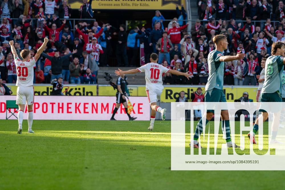 Said El Mala, midfielder, 1. FC Köln 10, celebrating after the 2-1 win, 1. FC Köln vs. Borussia Mönchengladbach, soccer, Bundesliga, Matchday 5, October 11, 2026. DFB and DFL regulations prohibit any use of photographs as image sequences and or quasi-video. Cologne, North Rhine-Westphalia, Germany
