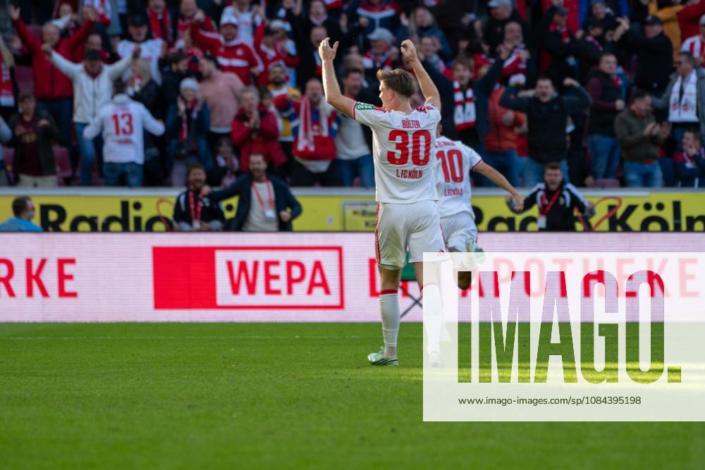 Said El Mala, midfielder, 1. FC Köln 10, celebrating after the 2-1 win, 1. FC Köln vs. Borussia Mönchengladbach, soccer, Bundesliga, Matchday 5, October 11, 2026. DFB and DFL regulations prohibit any use of photographs as image sequences and or quasi-video. Cologne, North Rhine-Westphalia, Germany