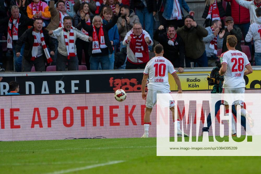 Said El Mala, midfielder, 1. FC Köln 10, celebrating after the 2-1 win, 1. FC Köln vs. Borussia Mönchengladbach, soccer, Bundesliga, Matchday 5, October 11, 2026. DFB and DFL regulations prohibit any use of photographs as image sequences and or quasi-video. Cologne, North Rhine-Westphalia, Germany