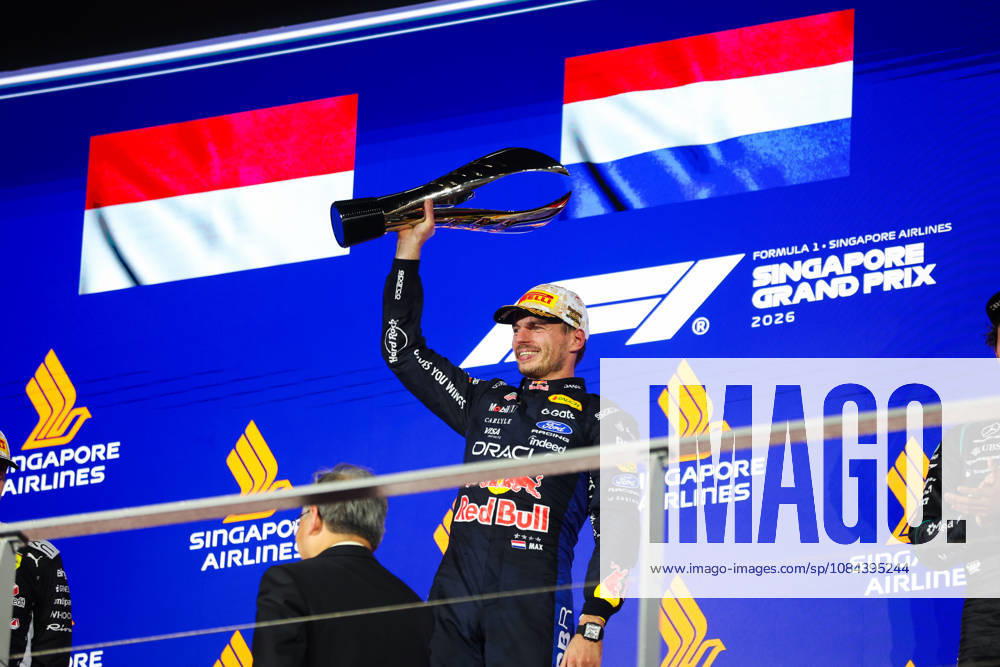 F1 - SINGAPORE GRAND PRIX 2026 podium VERSTAPPEN Max (nld), Red Bull Racing Ford RB22, portrait during the 2026 Formula 1 Singapore Grand Prix, 17th round of the 2026 Formula One World Championship, WM, Weltmeisterschaft from October 9 to 11, 2026 on the Marina Bay Street Circuit, in Singapore, Singapore - SingaporeSingapore