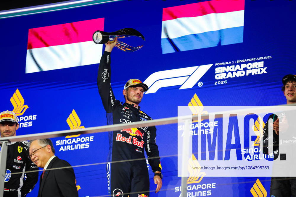 F1 - SINGAPORE GRAND PRIX 2026 podium VERSTAPPEN Max (nld), Red Bull Racing Ford RB22, portrait during the 2026 Formula 1 Singapore Grand Prix, 17th round of the 2026 Formula One World Championship, WM, Weltmeisterschaft from October 9 to 11, 2026 on the Marina Bay Street Circuit, in Singapore, Singapore - SingaporeSingapore