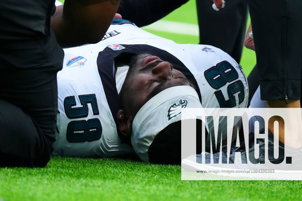 Jalyx Hunt of Philadelphia Eagles suffers an injury just before half time Philadelphia Eagles v Jacksonville Jaguars, NFL, American Football Herren, USA American Football, Tottenham Hotspur Stadium, London, UK - 11 Oct 2026London Tottenham Hotspur Stadium United Kingdom