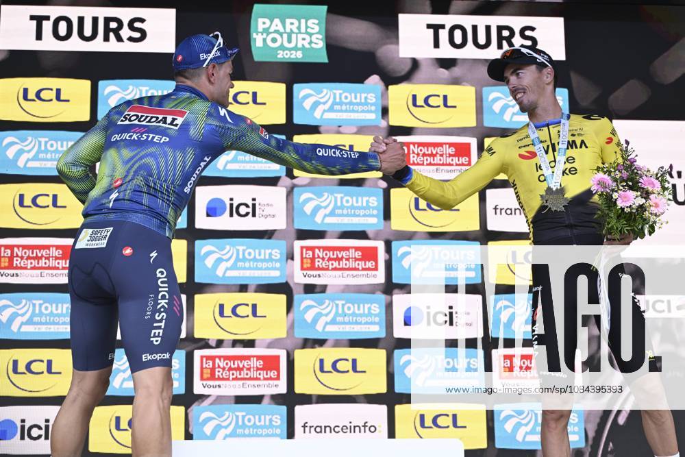 Paris Tours 2026 Cycling Race TOURS, FRANCE - OCTOBER 11 : Stuyven Jasper (BEL) of Soudal Quick-Step and Laporte Christophe (FRA) of Team Visma I Lease a Bike pictured during the podium ceremony of the 120th edition of Paris Tours an UCI ProSeries 1.Pro one day cycling road race for Men Elite of 216.2 km with start in Chartres and finish in Tours on October 11, 2026 in Tours, France, 11 10 2026 ( Motordriver Guy De Vuyst - Tours France