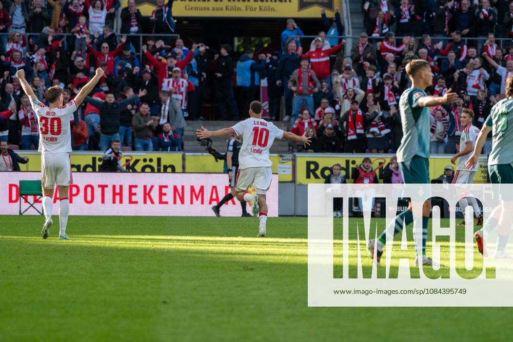 Said El Mala, midfielder, 1. FC Köln 10, celebrating after the 2–1 win, 1. FC Köln vs. Borussia Mönchengladbach, soccer, Bundesliga, Matchday 5, October 11, 2026. DFB and DFL regulations prohibit any use of photographs as image sequences and or quasi-video. Cologne, North Rhine-Westphalia, Germany