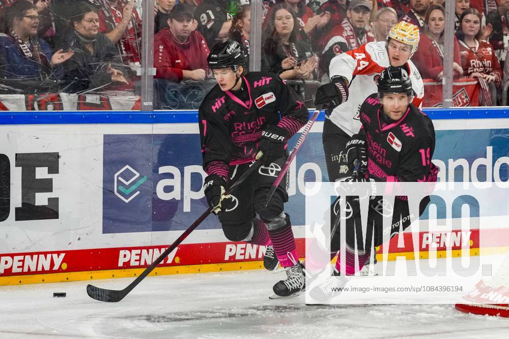 Ice Hockey: Penny DEL, Matchday 8—Cologne Sharks vs. Nuremberg Ice Tigers on October 11, 2026, at the Lanxess Arena in Cologne. Carlos Händel (Cologne), left: Josef Eham (Nuremberg), center: Frederik Storm (Cologne), right: In accordance with the regulations of the DEL (German Ice Hockey League), the publication and further use of these images in electronic media and on devices of any kind during the game is not permitted.