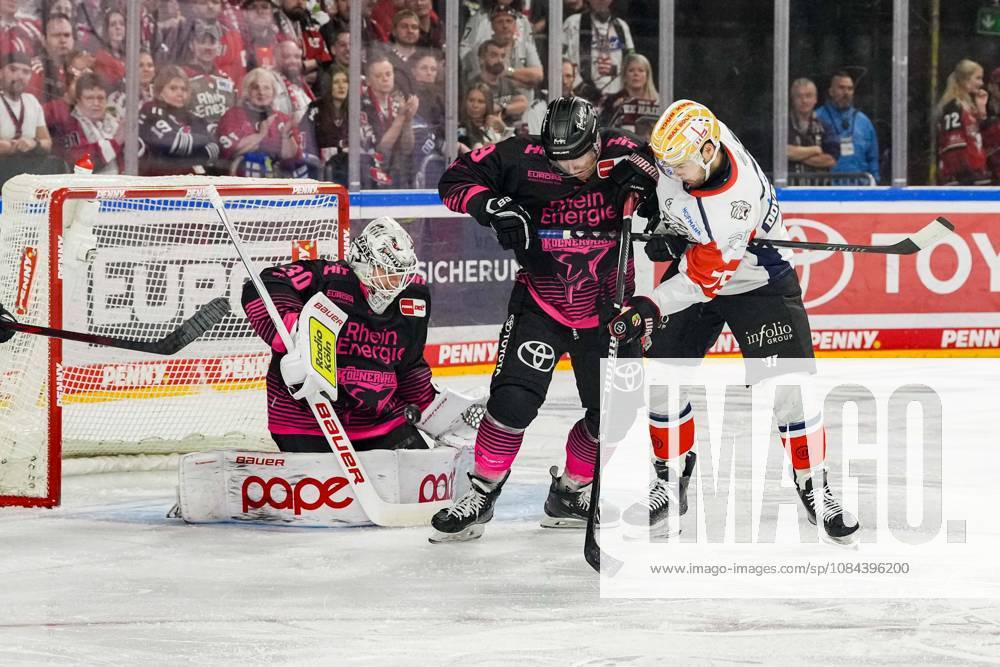 Ice Hockey: Penny DEL, Matchday 8—Cologne Sharks vs. Nuremberg Ice Tigers on October 11, 2026, at the Lanxess Arena in Cologne. Janne Juvonen (Cologne), left: Frederik Storm (Cologne), center: Austin Magera (Nuremberg), right: In accordance with the regulations of the DEL (German Ice Hockey League), the publication and further use of the footage in electronic media and on devices of any kind during the game is not permitted