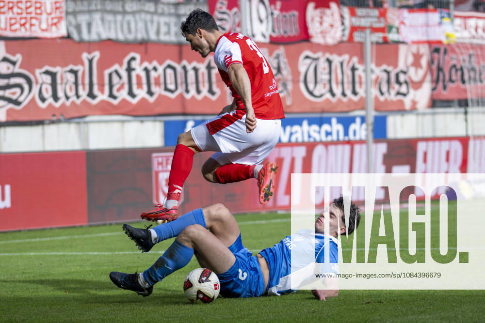 Regionalliga Northeast, Season 26-27: Hallescher FC vs. RSV Eintracht 1949 e.V., Halle, Germany, October 11, 2026. Pictured, from left: Niklas Landgraf (Halle) and Kajetan Herrmann (RSV Halle), Saale-Leuna Chemie Stadium, Saxony-Anhalt, Germany