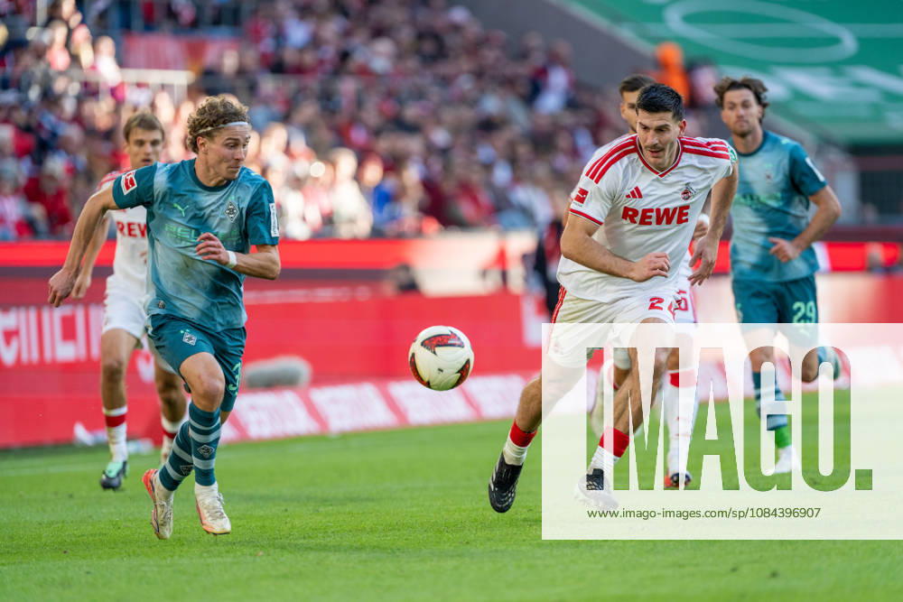 Hugo Bolin of Borussia Mönchengladbach, 38, in a tackle with Luka Lochoshvili of 1. FC Köln, 24; 1. FC Köln vs. Borussia Mönchengladbach, Soccer, Bundesliga, Matchday 5, 2026–27 season, October 12, 2026. DFL regulations prohibit any use of photographs as image sequences and or quasi-video, 1. FC Köln vs. Borussia Mönchengladbach, Soccer, Bundesliga, Matchday 5, 2026–27 Season, October 12, 2026, Cologne
