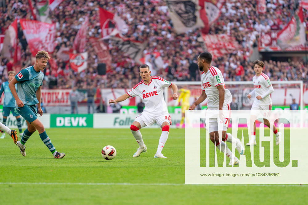 Jan Leszczynski of Borussia Mönchengladbach (No. 05) watches as Said El Mala of 1. FC Köln (No. 10) passes to Linton Maina of 1. FC Köln (No. 37) during the match between 1. FC Köln and Borussia Mönchengladbach, Soccer, Bundesliga, Matchday 5, 2026–27 Season, October 12, 2026, DFL regulations prohibit any use of photographs as image sequences and or quasi-video, 1. FC Köln vs. Borussia Mönchengladbach, Soccer, Bundesliga, Matchday 5, 2026–27 Season, October 12, 2026, Cologne