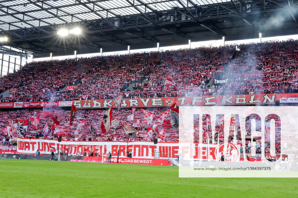 Soccer, Bundesliga, 1. FC Köln vs. Borussia Mönchengladbach, RheinEnergieSTADION, Matchday 5, 2026–2027 season. Choreographed display with pyrotechnics in the Cologne fans’ section. DFB regulations prohibit any use of photographs as image sequences and or quasi-video. Photo: WilkowskixPressefotoKochx, North Rhine-Westphalia, Germany