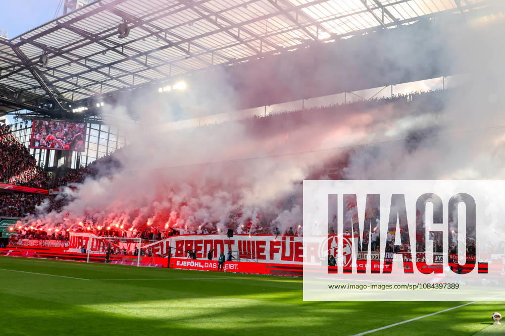 Soccer, Bundesliga, 1. FC Köln vs. Borussia Mönchengladbach, RheinEnergieSTADION, Matchday 5, 2026–2027 season. Choreographed display with pyrotechnics in the Cologne fans’ section. DFB regulations prohibit any use of photographs as image sequences and or quasi-video. Photo: WilkowskixPressefotoKochx, North Rhine-Westphalia, Germany