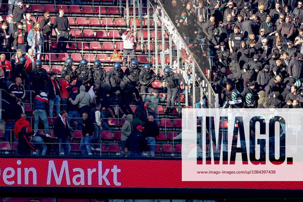 Soccer, Bundesliga, 1. FC Köln vs. Borussia Mönchengladbach, RheinEnergieSTADION, Matchday 5, 2026–2027 season: A brawl in the upper stands between Cologne and Mönchengladbach fans is broken up by police. DFB regulations prohibit any use of photographs as image sequences and or quasi-video. Photo: WilkowskixPressefotoKochx, North Rhine-Westphalia, Germany
