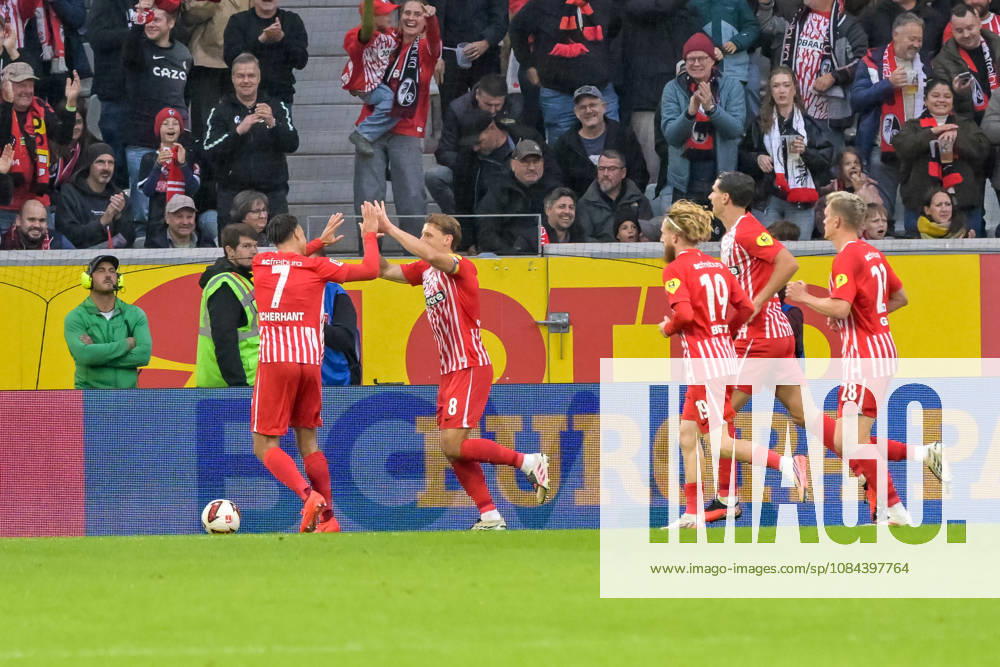 Celebration after Maximilian Eggestein of SC Freiburg (08) scored the 1–0 goal with Derry Scherhant of SC Freiburg, 07 and his teammates GER, SC Freiburg vs. Schalke 04, soccer, Bundesliga, Matchday 5, 2026–2027 season, October 11, 2026. DFL and DFB regulations prohibit any use of photographs as image sequences and or quasi-video. GER, SC Freiburg vs. Schalke 04, soccer, Bundesliga, Matchday 5, 2026–2027 season, October 11, 2026, Freiburg