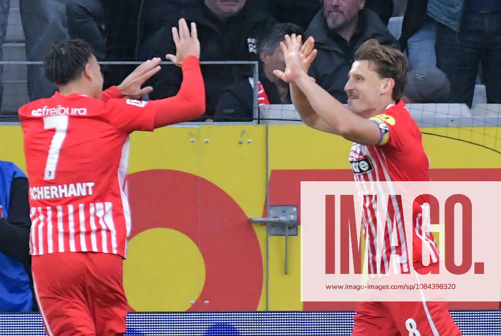 Soccer, Bundesliga 1, SC Freiburg vs. FC Schalke 04, Derry Scherhant, SC Freiburg, Maximilian Eggestein SC Freiburg, Goal scored, Goal to make it 1–0, celebrating the goal, Goal celebration, Cheering, Cheer, Cheers, DFL and DFB regulations prohibit any use of photographs as image sequences and or quasi-video. Freiburg
