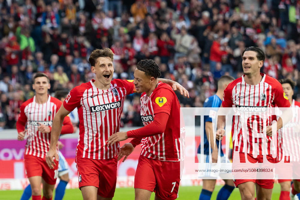 GER, Soccer, Men s, 1st Bundesliga, 2026–2027 season, Matchday 5, SC Freiburg vs. FC Schalke 04; 1–0 goal by Maximilian Eggestein (SC Freiburg); 08 Celebration, goal celebration; celebrates his goal with Derry Scherhant (SC Freiburg), 07 DFB and DFL regulations prohibit any use of photographs as image sequences and or quasi-video. Freiburg, Europa-Park Stadium, Baden-Württemberg, Germany