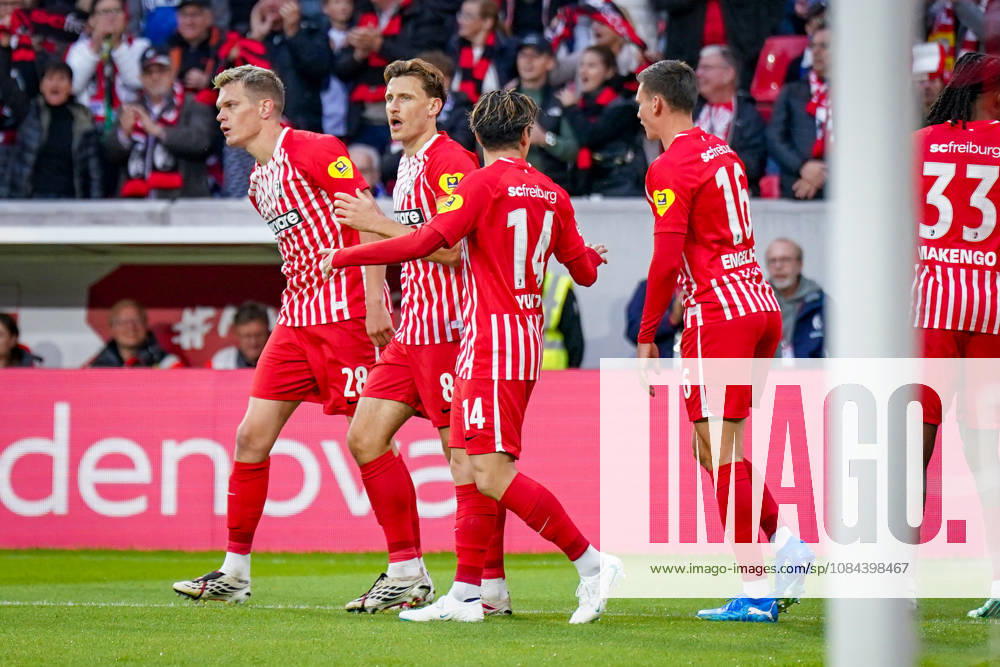 Germany Soccer Bundesliga 2026–2027, Matchday 5: SC Freiburg vs. FC Schalke 04 at Europa-Park Stadium in Freiburg—Goal and celebration following the 1–0 score by Maximilian Eggestein of SC Freiburg, 8: Joy, Emotions, Cheers