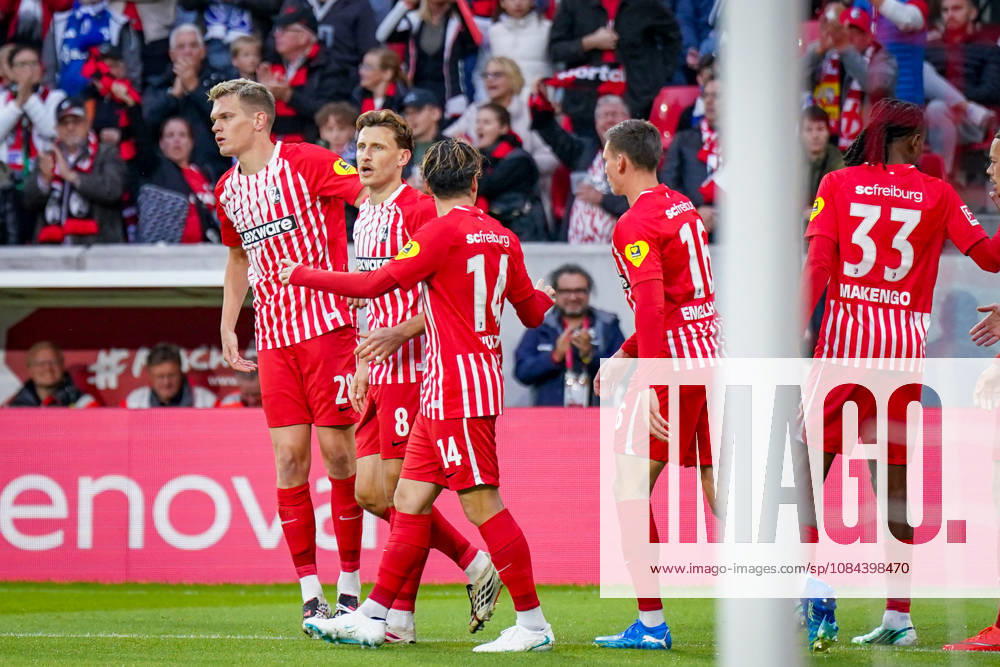 Germany Soccer Bundesliga 2026–2027, Matchday 5: SC Freiburg vs. FC Schalke 04 at Europa-Park Stadium in Freiburg—Goal and celebration following the 1–0 score by Maximilian Eggestein of SC Freiburg, 8: Joy, Emotions, Cheers