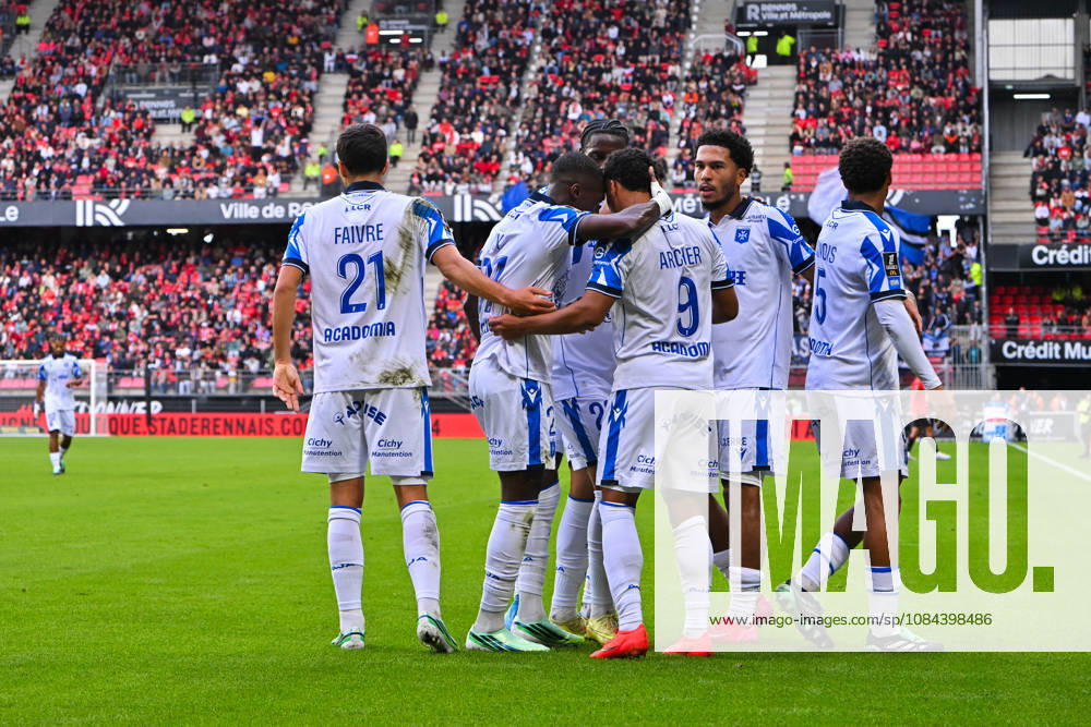 Stade Rennais FC v AJ Auxerre - Ligue 1 McDonald s 2026 2027 Naouirou AHAMADA, Danny NAMASO and Cameron ARCHER of AJ Auxerre celebrate after scores during Ligue 1 McDonald s match between Rennes and Auxerre at Roazhon Park on October 11, 2026 in Rennes, France. Rennes France