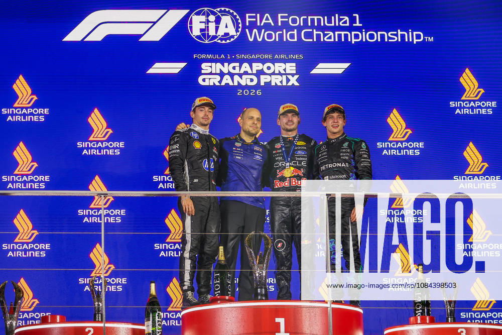Max Verstappen wins 2026 Formula 1 Singapore Grand Prix SINGAPORE - OCT 11: Red Bull Racing driver Max Verstappen, Ferrari s Charles Leclerc and Mercedes’s Kimi Antonelli pose for photos on the podium, after winning the Formula 1 Singapore Grand Prix at the Marina Bay Street Circuit in Singapore on October 11, 2026. Daniel Ceng Anadolu Singapore Singapore. Editorial use only. Please get in touch for any other usage.