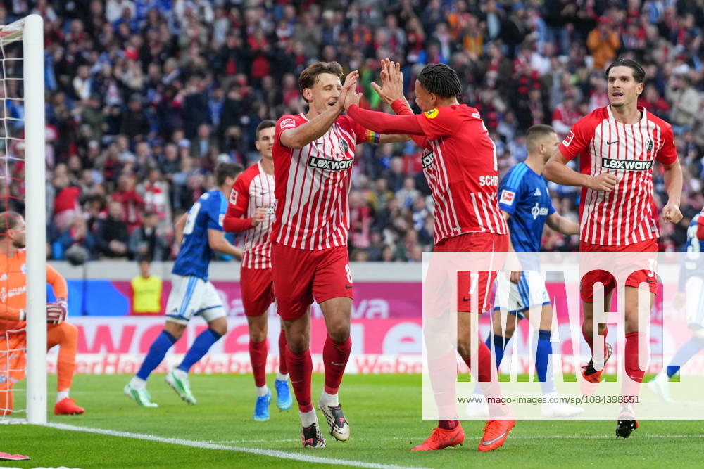 Maximilian Eggestein (SC Freiburg, 08) and Derry Scherhant (SC Freiburg, 07) – goal celebration, emotions, shot on goal, finish, goal scored, goal, hit, Germany, soccer, Bundesliga 1, Matchday 5, 2026–2027, SC Freiburg vs. FC Schalke 04, October 11, 2026, Europa-Park Stadium, Freiburg, Baden-Württemberg, Germany