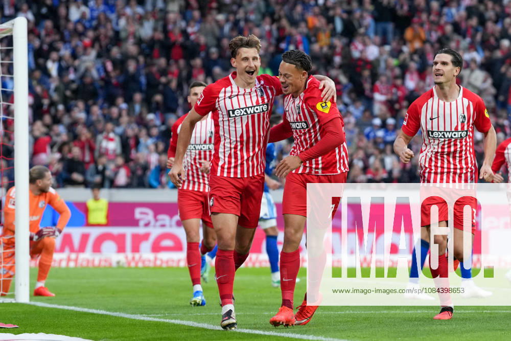 Maximilian Eggestein (SC Freiburg, 08) and Derry Scherhant (SC Freiburg, 07) – goal celebration, emotions, shot on goal, finish, goal scored, goal, hit, Germany, soccer, Bundesliga 1, Matchday 5, 2026–2027, SC Freiburg vs. FC Schalke 04, October 11, 2026, Europa-Park Stadium, Freiburg, Baden-Württemberg, Germany