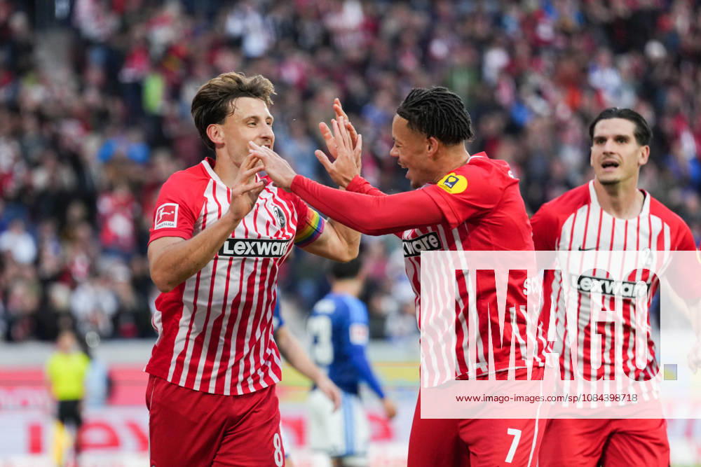 1 Bundesliga: SC Freiburg vs. FC Schalke 04, October 11, 2026—Celebration of the 1–0 goal by Maximilian Eggestein (SC Freiburg), 8 1 Bundesliga: SC Freiburg vs. FC Schalke 04, Europa-Park Stadium, October 11, 2026 DFB and DFL regulations prohibit any use of photographs as image sequences and or quasi-video.