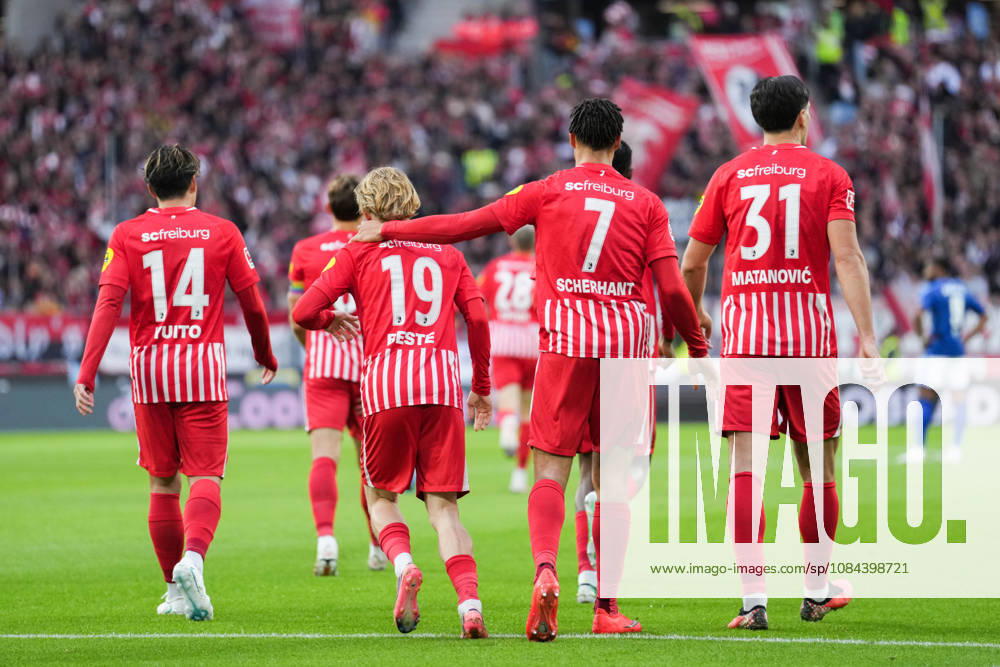 1 Bundesliga: SC Freiburg vs. FC Schalke 04, October 11, 2026—Celebration of the 1–0 goal by Maximilian Eggestein (SC Freiburg), 8 1 Bundesliga: SC Freiburg vs. FC Schalke 04, Europa-Park Stadium, October 11, 2026 DFB and DFL regulations prohibit any use of photographs as image sequences and or quasi-video.
