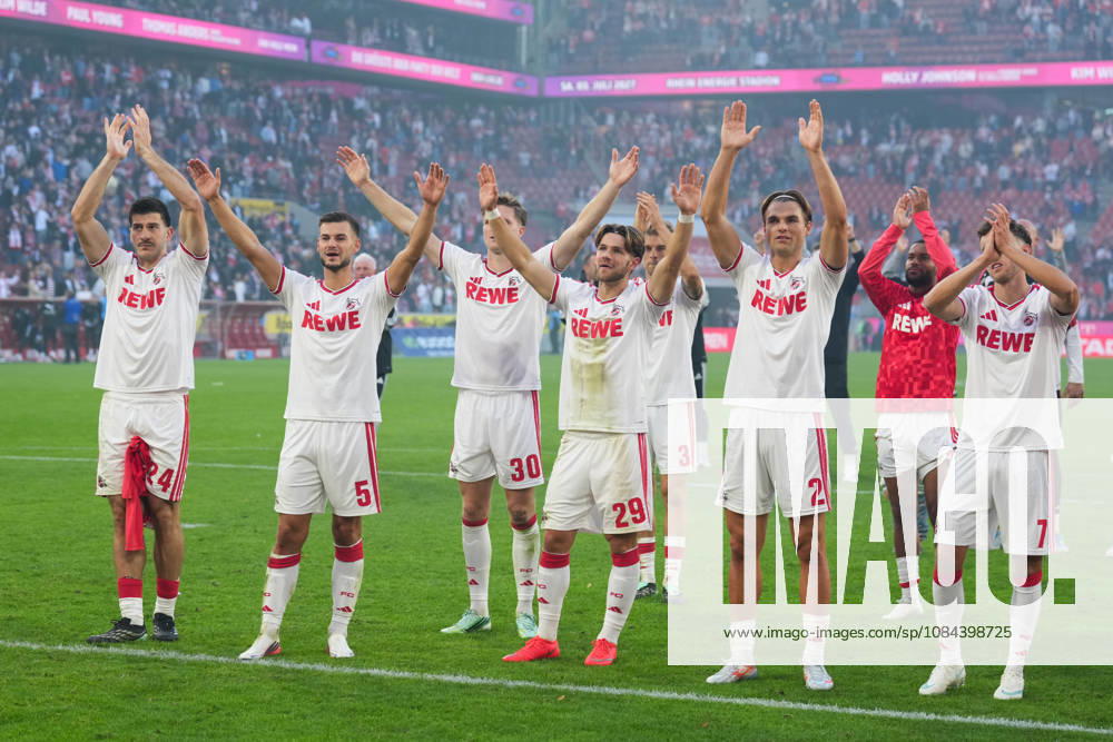 Men s, Soccer, Bundesliga 1, 1. FC Köln vs. Borussia Mönchengladbach, 2026–2027 season, RheinEnergieSTADION Luka Lochoshvili 1 FC Köln, 24 Tom Krauß 1 FC Köln, 5 Marius Buelter 1 FC Köln, 30 Jan Thielmann 1 FC Köln, 29 Joel Schmied 1 FC Köln, 2 Luca Waldschmidt 1 FC Köln, 7 celebrate the victory. DFB regulations prohibit any use of photographs as image sequences and or quasi-video.