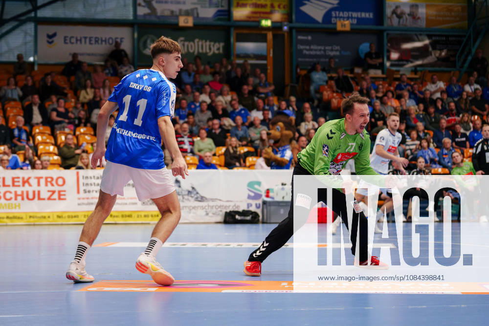 2nd Handball Bundesliga, Matchday 7: Dessau Roßlauer HV 06 vs. VfL Lübeck Schwartau; Mark Ferjan (VfL Lübeck Schwartau), 77 celebrates after saving a shot by Alen Hadzimuhamedovic of Dessau Roßlauer HV 06, on October 11, 2026, at the Anhalt Arena in Dessau-Roßlau, Saxony-Anhalt, Germany