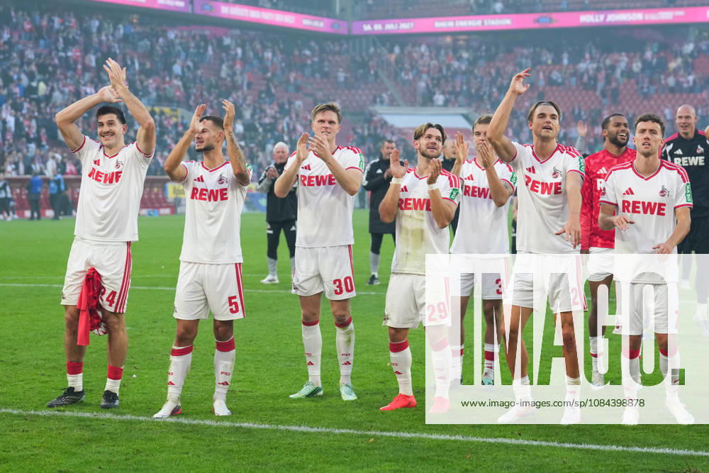 Men s, Soccer, Bundesliga 1, 1. FC Köln vs. Borussia Mönchengladbach, 2026–2027 season, RheinEnergieSTADION Luka Lochoshvili 1 FC Köln, 24 Tom Krauß 1 FC Köln, 5 Marius Buelter 1 FC Köln, 30 Jan Thielmann 1 FC Köln, 29 Joel Schmied 1 FC Köln, 2 Luca Waldschmidt 1 FC Köln, 7 celebrate the victory. DFB regulations prohibit any use of photographs as image sequences and or quasi-video.