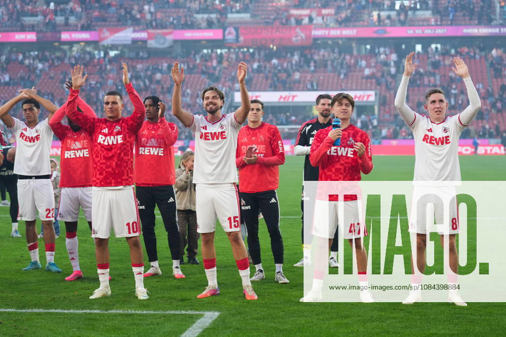 Men s, Soccer, Bundesliga 1, 1. FC Köln vs. Borussia Mönchengladbach, 2026–2027 season, RheinEnergieSTADION Jahmai Simpson Pusey 1 FC Köln, 22 Said El Mala 1 FC Köln, 10 Imad Rondic 1 FC Köln, 15 Mikey Moore 1 FC Köln, 47 Isak Johannesson 1 FC Köln, 8 celebrate the victory. DFB regulations prohibit any use of photographs as image sequences and or quasi-video.