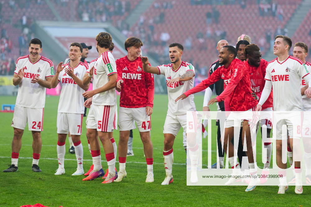 Men s, Soccer, Bundesliga 1, 1. FC Köln vs. Borussia Mönchengladbach, 2026–2027 season, RheinEnergieSTADION: Luka Lochoshvili (1. FC Köln), 24 Luca Waldschmidt (1. FC Köln), 7 Imad Rondic (1. FC Köln), 15 Mikey Moore (1. FC Köln), 47 Tom Krauß 1. FC Köln, 5 Gideon Mensah 1. FC Köln, 14 Isak Johannesson 1. FC Köln, 8 celebrate the victory. DFB regulations prohibit any use of photographs as image sequences and or quasi-video.