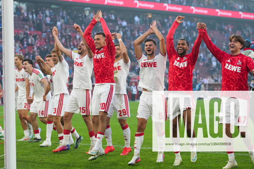 Men s, Soccer, Bundesliga 1, 1. FC Köln vs. Borussia Mönchengladbach, 2026–2027 season, RheinEnergieSTADION: Joel Schmied (1. FC Köln), 2 Luka Lochoshvili (1. FC Köln), 24 Borna Sosa (1. FC Köln), 3 Said El Mala (1. FC Köln), 10 Jan Thielmann (1. FC Köln), 29 Tom Krauß 1 FC Köln, 5 Mikey Moore 1 FC Köln, 47 celebrate the victory. DFB regulations prohibit any use of photographs as image sequences and or quasi-video.