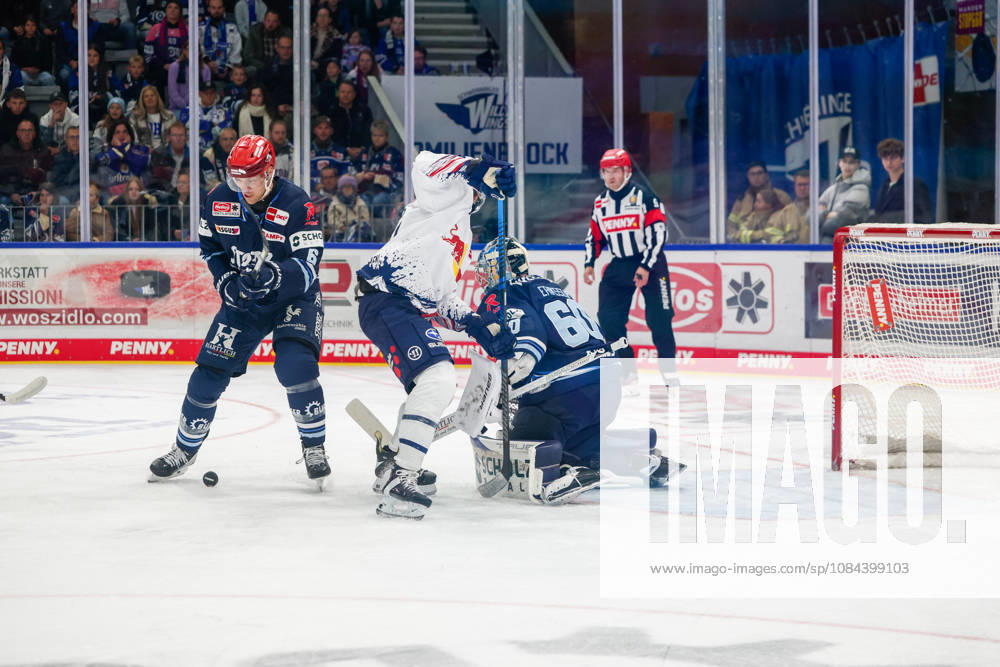 Alex Peters, Schwenninger Wild Wings, 06; Veit Oswald, EHC Red Bull Munich, 27; and goalie Joacim Eriksson, Schwenninger Wild Wings, 60; GER; Schwenninger Wild Wings vs. EHC Red Bull Munich, ice hockey, PENNY DEL, Matchday 8, 2026–2027 season, October 11, 2026, GER, Schwenninger Wild Wings vs. EHC Red Bull Munich, Ice Hockey, PENNY DEL, Matchday 8, 2026–2027 Season, October 11, 2026, Schwenningen