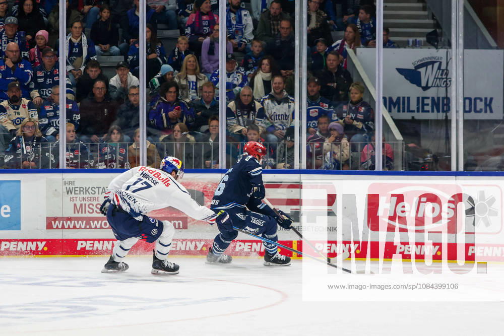 Caro Hirose, EHC Red Bull Munich, 17, and Eric Martinsson, Schwenninger Wild Wings, 46, GER, Schwenninger Wild Wings vs. EHC Red Bull Munich, ice hockey, PENNY DEL, Matchday 8, 2026–2027 season, October 11, 2026, GER, Schwenninger Wild Wings vs. EHC Red Bull Munich, Ice Hockey, PENNY DEL, Matchday 8, 2026–2027 Season, October 11, 2026, Schwenningen