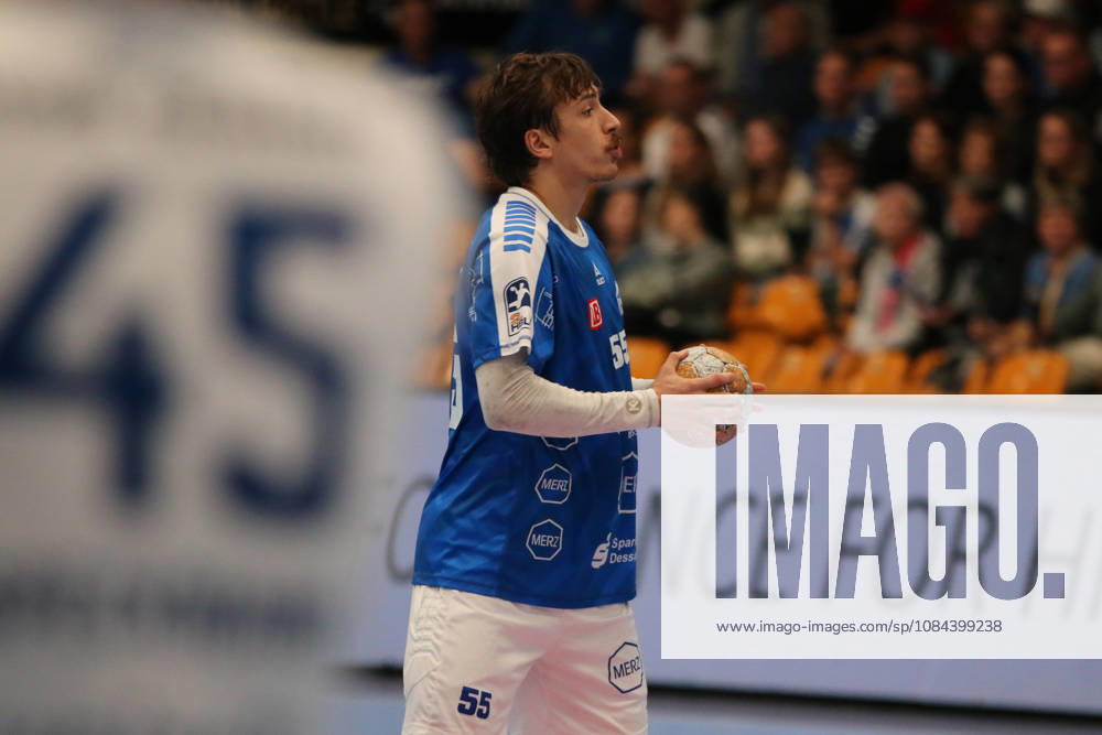 Men s Handball 2026–2027, 2nd Division, Matchday 7: Dessau Roßlauer HV 06 vs. VfL Lübeck Schwartau at Anhalt Arena, Dessau; Mihkel Löpp, Dessau, 55, blue with the ball Dessau Roßlau Saxony-Anhalt Germany