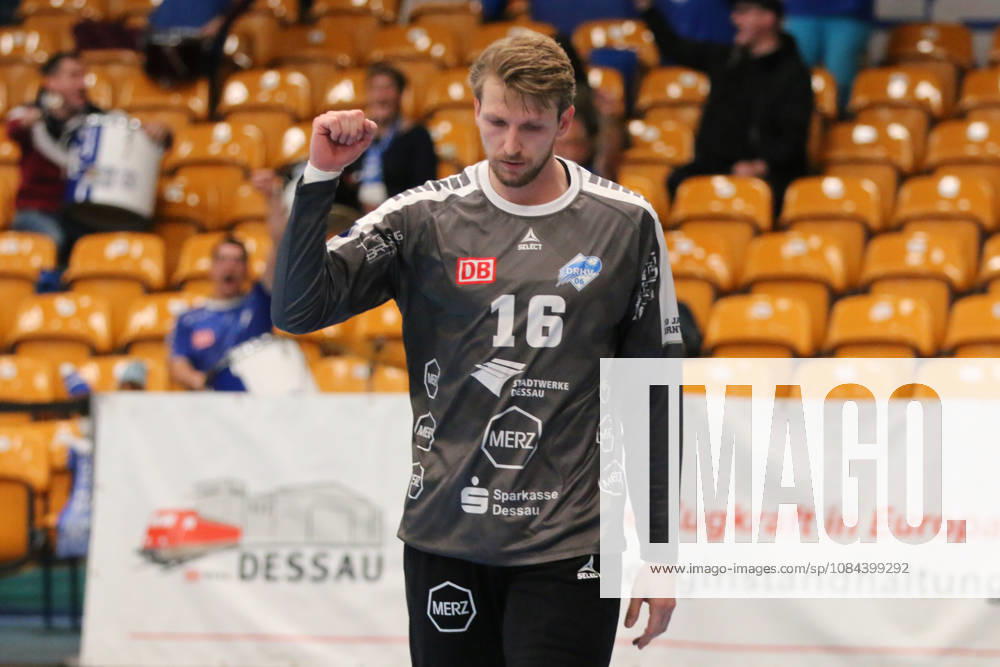 Men s Handball 2026–2027, 2nd Division, Matchday 7: Dessau Roßlauer HV 06 vs. VfL Lübeck Schwartau at Anhalt Arena, Dessau. Philip Ambrosius, Dessau, 16, in gray, celebrates after scoring a goal Dessau Roßlau Saxony-Anhalt Germany