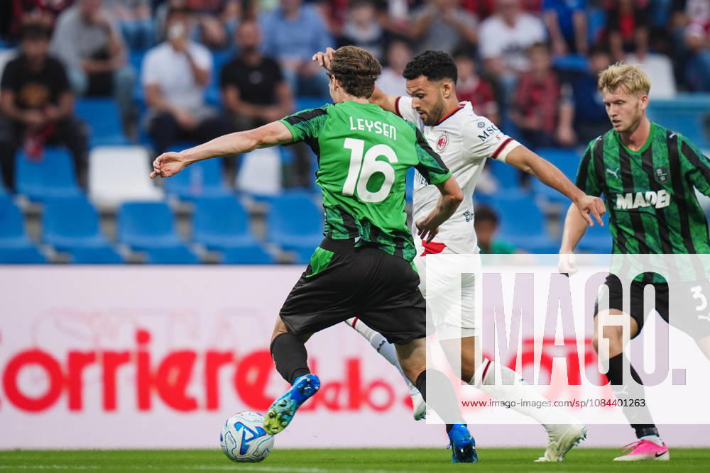 Milan s Goncalo Ramos fights for the ball with Sassuolos Fedde Leysen during the Serie A soccer match between Sassuolo and Milan at the Mapei Stadium in Reggio Emilia, north Italy - Sunday, October 11, 2026 -