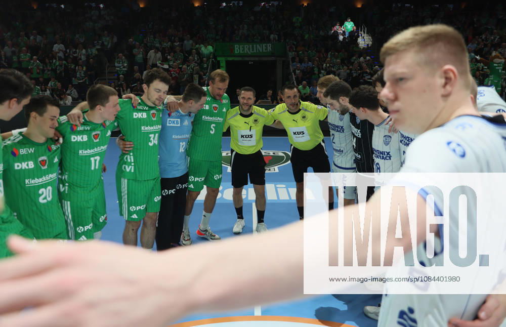 GER HBL 2026–2027 Season: FÜCHSE Berlin vs. TBV Lemgo, October 11, 2026, MAX SCHMELING HALLE, Berlin, Opening Ceremony, Center Circle, Both Teams, Referees