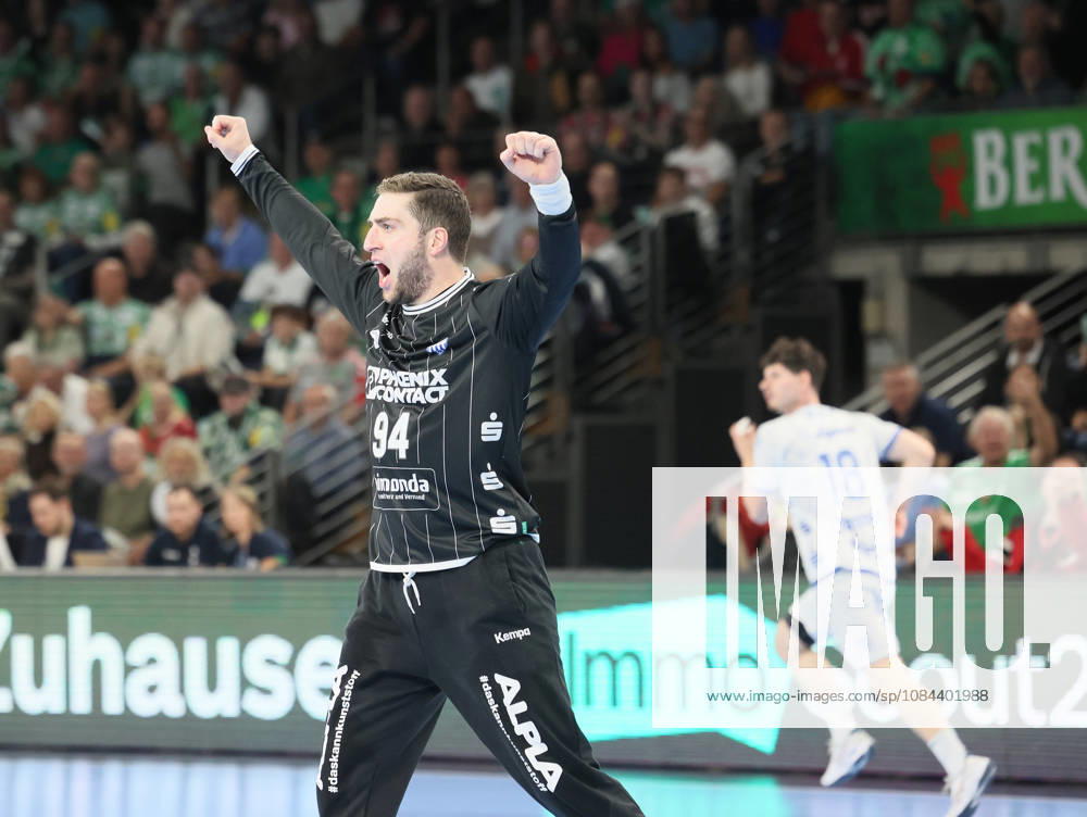 GER HBL 2026–2027 Season: FÜCHSE Berlin vs. TBV Lemgo, October 11, 2026, MAX SCHMELING HALLE, Berlin, Domenico EBNER of TBV Lemgo Lippe 94 celebrates after a successful save; goalkeeper, shout, emotion