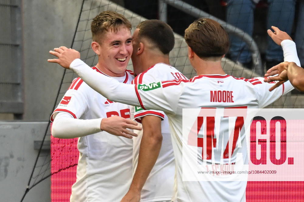 Isak Johannesson (Cologne 8) celebrates after scoring the 1-0 goal with Said El Mala (Cologne 10) and Mikey Moore (Cologne 47) 11 10 2026 ¢ Soccer ¢ 1. FC Cologne vs. Borussia Mönchengladbach, RheinEnergieStadion, Cologne, DFB DFL REGULATIONS PROHIBIT ANY USE OF PHOTOGRAPHS AS IMAGE SEQUENCES AND OR QUASI-VIDEO NRW Germany