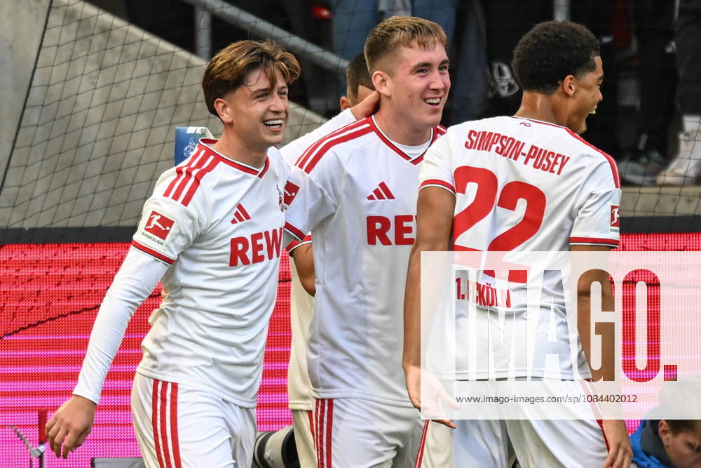 Isak Johannesson (Cologne 8) celebrates with Mikey Moore (Cologne 47) and Jahmai Simpson Pusey (Cologne 22) after scoring the 1-0 goal on November 10, 2026 ¢ Soccer ¢ 1. FC Cologne vs. Borussia Mönchengladbach, RheinEnergieStadion, Cologne, DFB DFL REGULATIONS PROHIBIT ANY USE OF PHOTOGRAPHS AS IMAGE SEQUENCES AND OR QUASI-VIDEO NRW Germany