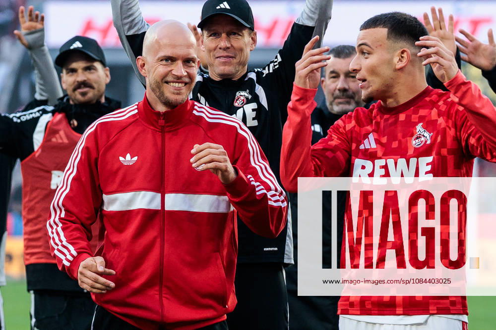 Rene Wagner (Head Coach 1. FC Koeln) and Said El Mala (1. FC Koeln, 10) celebrate the derby win with the fans after the Bundesliga match between 1. FC Koeln vs. Borussia Moenchengladbach at Rheinenergie-Stadion on matchday 5 of the 1. Bundesliga on October 11, 2026 in Koeln, Germany. DFL REGULATIONS PROHIBIT ANY USE OF PHOTOGRAPHS AS IMAGE SEQUENCES AND OR QUASI-VIDEO. North Rhine Westphalia Germany