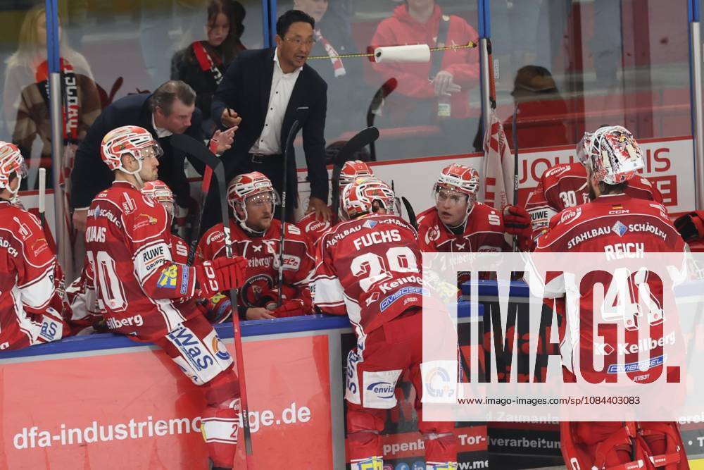 Sahnpark Crimmitschau, October 11, 2026; 2026–27 Season; Ice Hockey; 2nd Bundesliga; Regular Season; Game 8; Saxony Ice Arena; Saxony Derby; Eispiraten vs. Eispiraten Bietigheim Steelers; Jussi Tuores, EPC Coach (left), and Esbjörn Hofverberg, assistant coach, talk with the players; Crimmitschau, Saxony, Germany