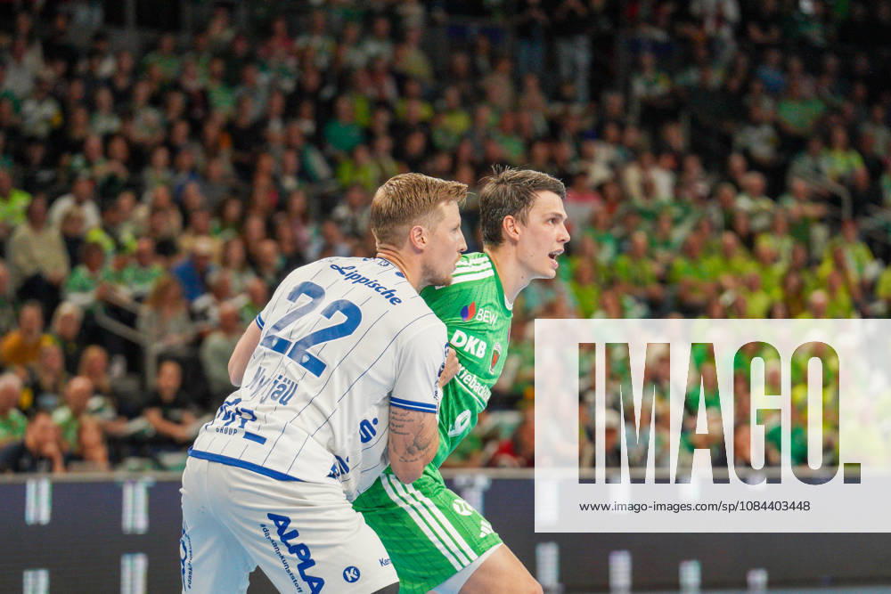 Pictured: Adam Nyfjaell (TBV Lemgo Lippe), 22; Frederik Simak (Füchse Berlin), 9, 11, 10, 2026; Füchse Berlin vs. TBV Lemgo Lippe, HBL, Handball Bundesliga, 2026–27 season, Max Schmeling Halle