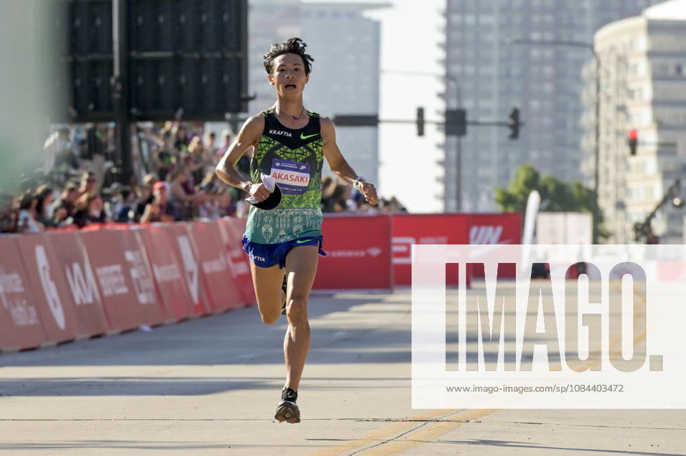 Akira Akasaki of Japan crosses the finish line with a time of 02:05:47 placing 9th over all during 2026 Bank of America Chicago Marathon in Chicago on Sunday, Oct. 11, 2026. CHI20261011101 MARKxBLACK