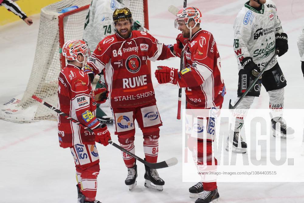 Sahnpark Crimmitschau, October 11, 2026; 2026–27 Season; Ice Hockey; 2nd Bundesliga; Regular Season; Game 8; Saxony Ice Arena; Saxony Derby; Eispiraten vs. Bietigheim Steelers; Celebrations; EPC; Collin Adams; Louis Brune; and Jarno Kärki, from left: Crimmitschau, Saxony, Germany