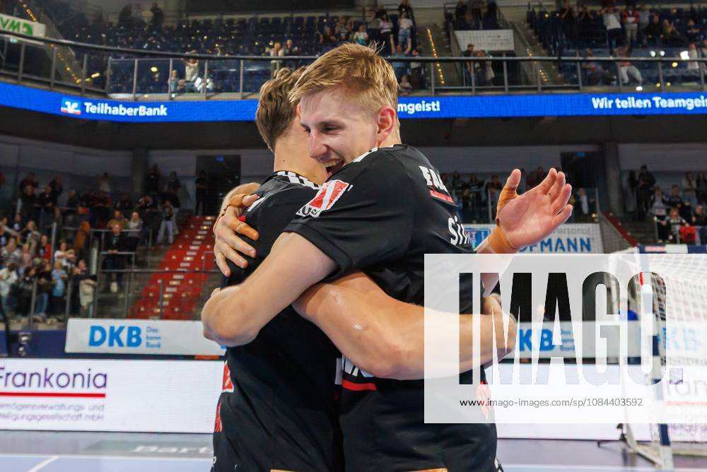 Handball 1st Bundesliga OPEL HBL 2026–2027 Season, Matchday 8: HC Erlangen (Nuremberg Metropolitan Region) vs. HCE MT Melsungen Women’s Team Celebrations and joy after the game: Maxsim Lochman 32, HC Erlangen HCE Sander Andreassen Overjordet 8, HC Erlangen HCE
